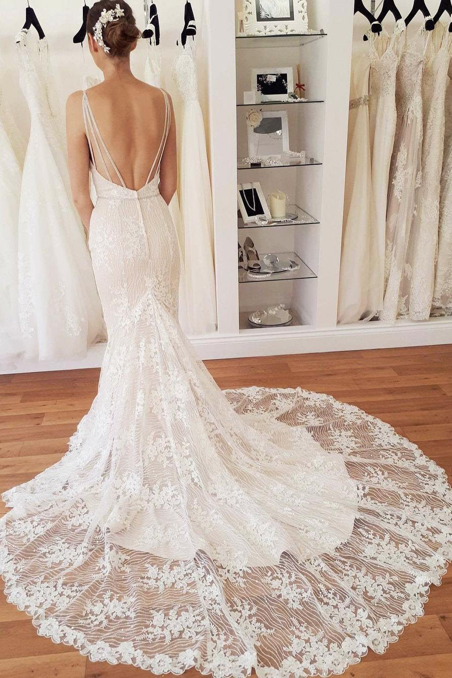 Elegant Spaghetti Straps Mermaid V Neck Lace Wedding Dresses Beach Bridal Dresses SRS15202