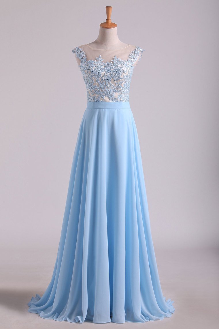Scoop Cap Sleeves Prom Dresses Chiffon With Applique Floor Length
