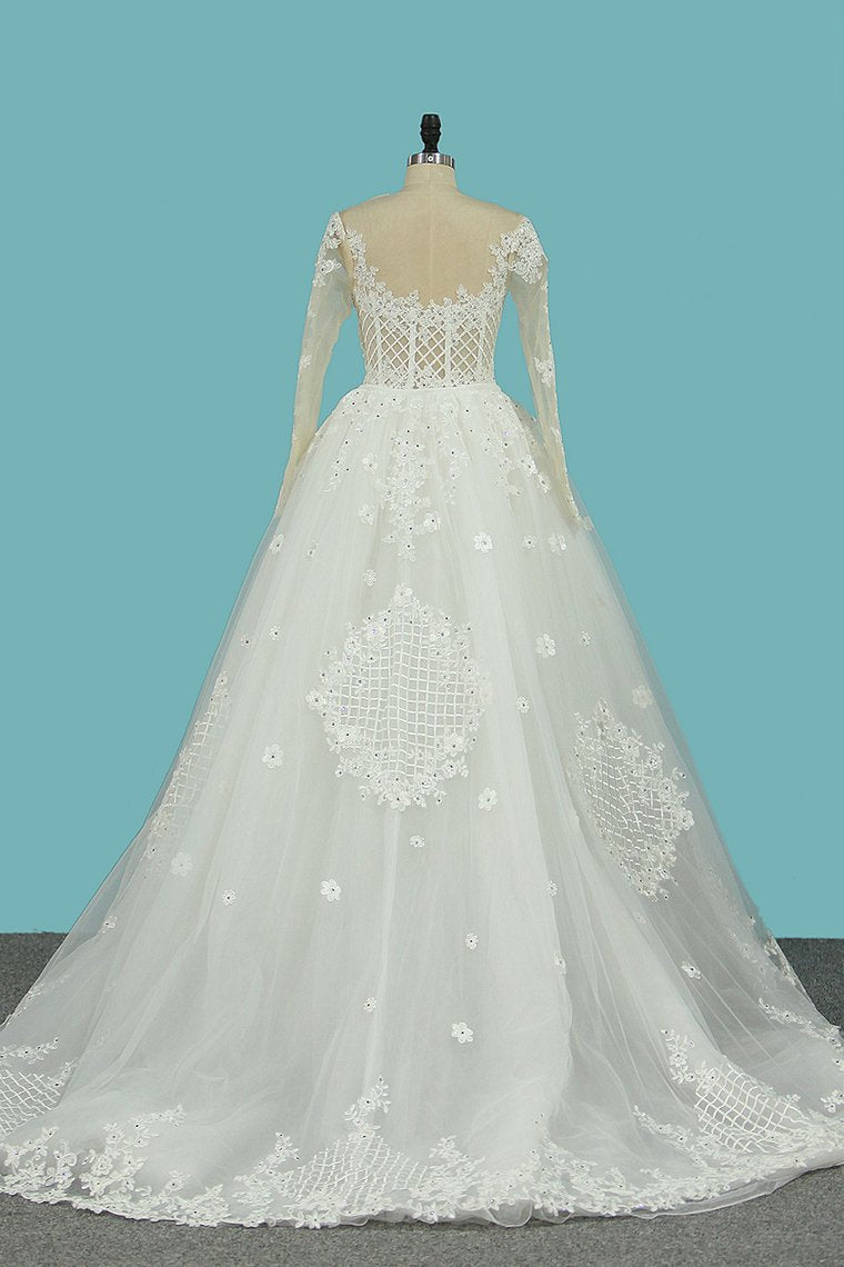 2024 Mermaid Tulle Wedding Dresses Long Sleeves Scoop With Applique