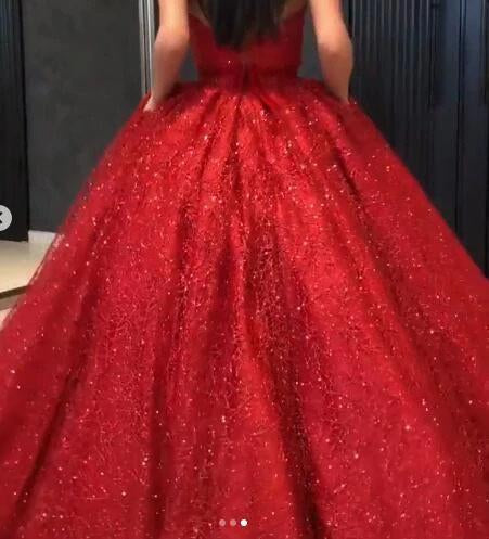 Sparkly Ball Gown Burgundy Strapless Sweetheart Prom Dresses, Long Quinceanera Dresses SJS15428