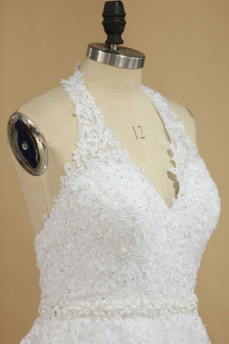 2024 Organza Halter Open Back With Applique Wedding Dresses A Line