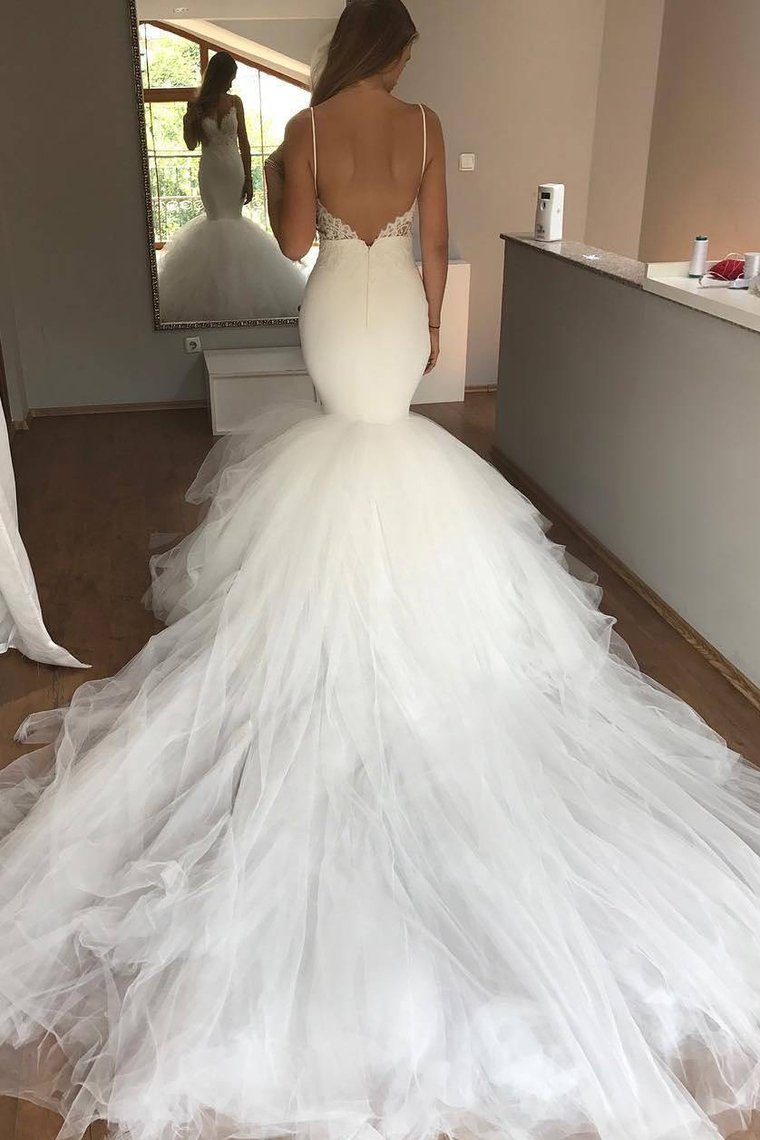 Spaghetti Straps Wedding Dresses Mermaid Tulle With Applique Open Back