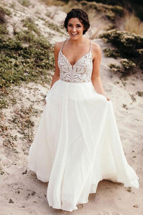 Elegant Spaghetti Straps V Neck Chiffon Backless Beach Wedding Dresses Bridal Gowns SRS14976