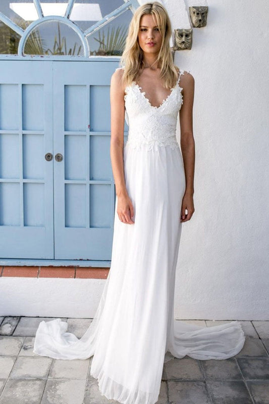 2022 Boho V-neck A-Line White Cheap Lace Chiffon Backless Sash Summer Beach Wedding Dresses JS308