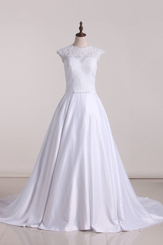 Wedding Dresses Scoop With Applique And Sash A Line Stretch Satin