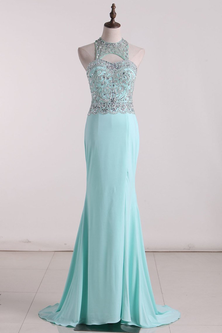 2024 Spandex Scoop Prom Dresses Mermaid With Beading Open Back