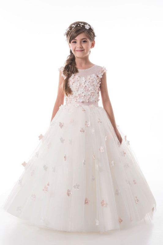 2022 A Line Flower Girl Dresses Scoop Tulle With Handmade Flowers Lace Up