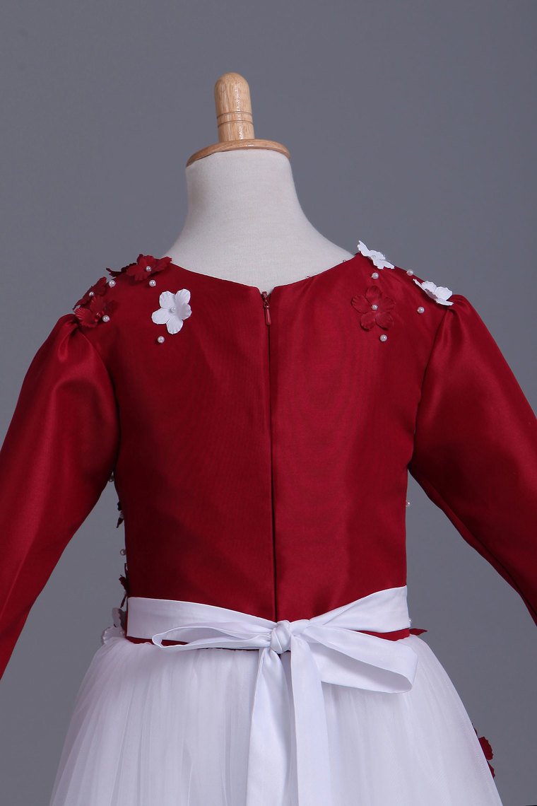 2024 Bicolor Flower Girl Dresses Short Sleeve Scoop A-Line Satin & Tulle