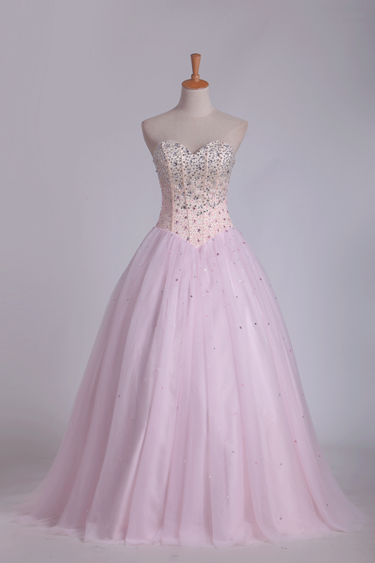 2022 Ball Gown Tulle Sweetheart Beaded Bodice Floor Length Quinceanera Dresses