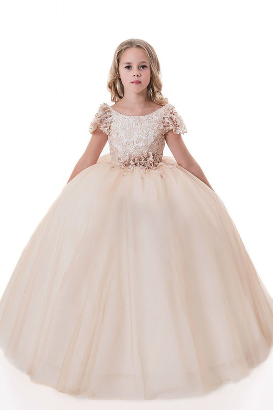 2024 Ball Gown Flower Girl Dresses Scoop Short Sleeves Tulle With Applique