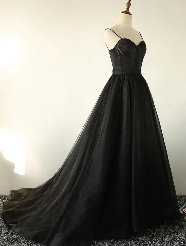 Charming Black Spaghetti Straps Sweetheart Tulle Evening Dresses, Formal SRS15626