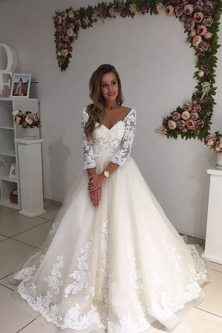 Wedding Dresses A Line V Neck 3/4 Length Sleeves Tulle With Applique