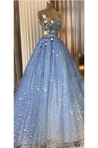 A-line Blue Spaghetti Straps Sweetheart Long Prom Dresses, Evening Dresses SRS15048