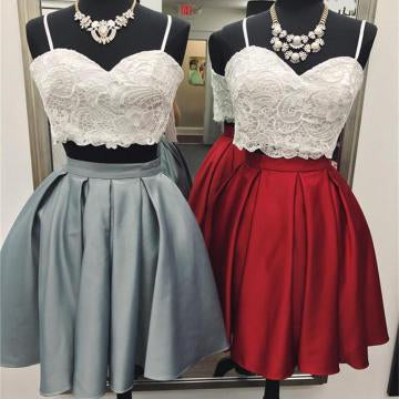 A Line Spaghetti Straps Sweetheart Lace Two Pieces Short Cocktail Homecoming Dresses JS706