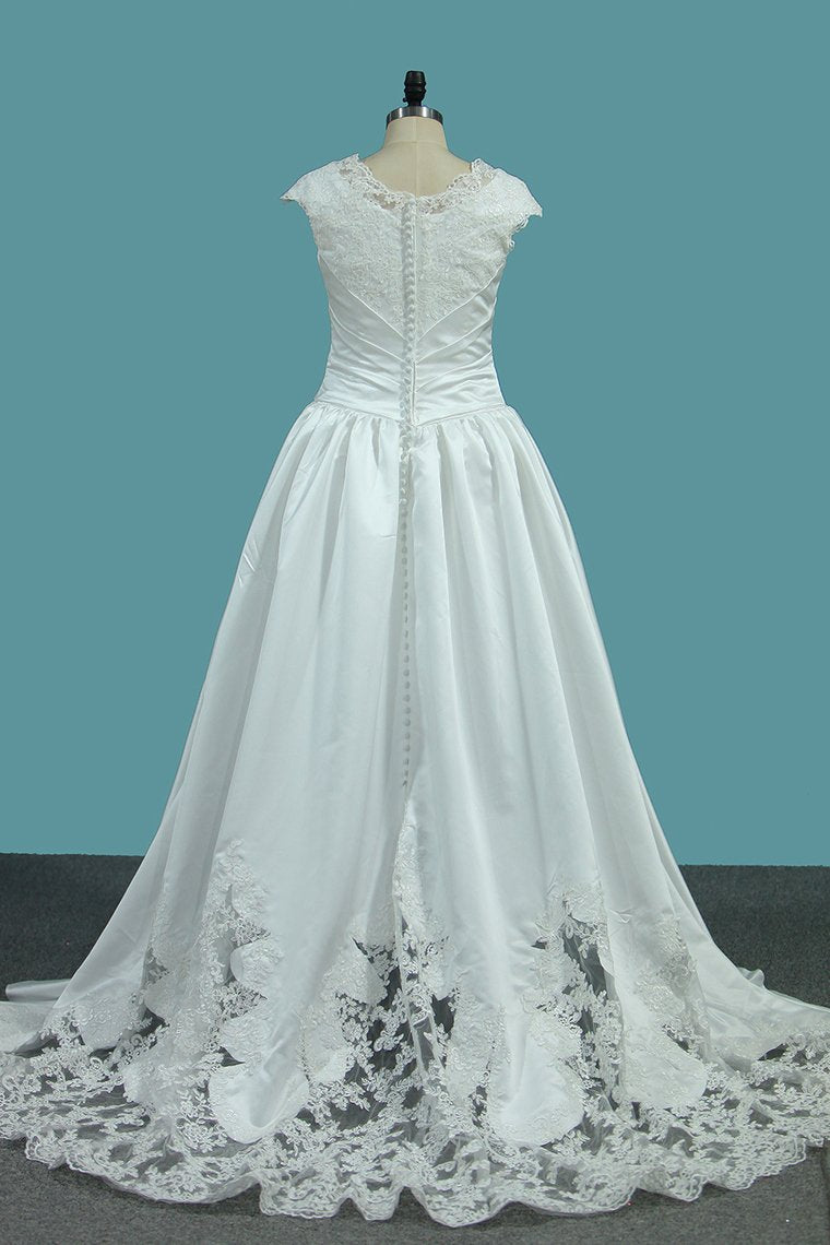 2022 Scoop Cap Sleeve Wedding Dresses A Line Satin With Ruffles And Applique Sweep Train