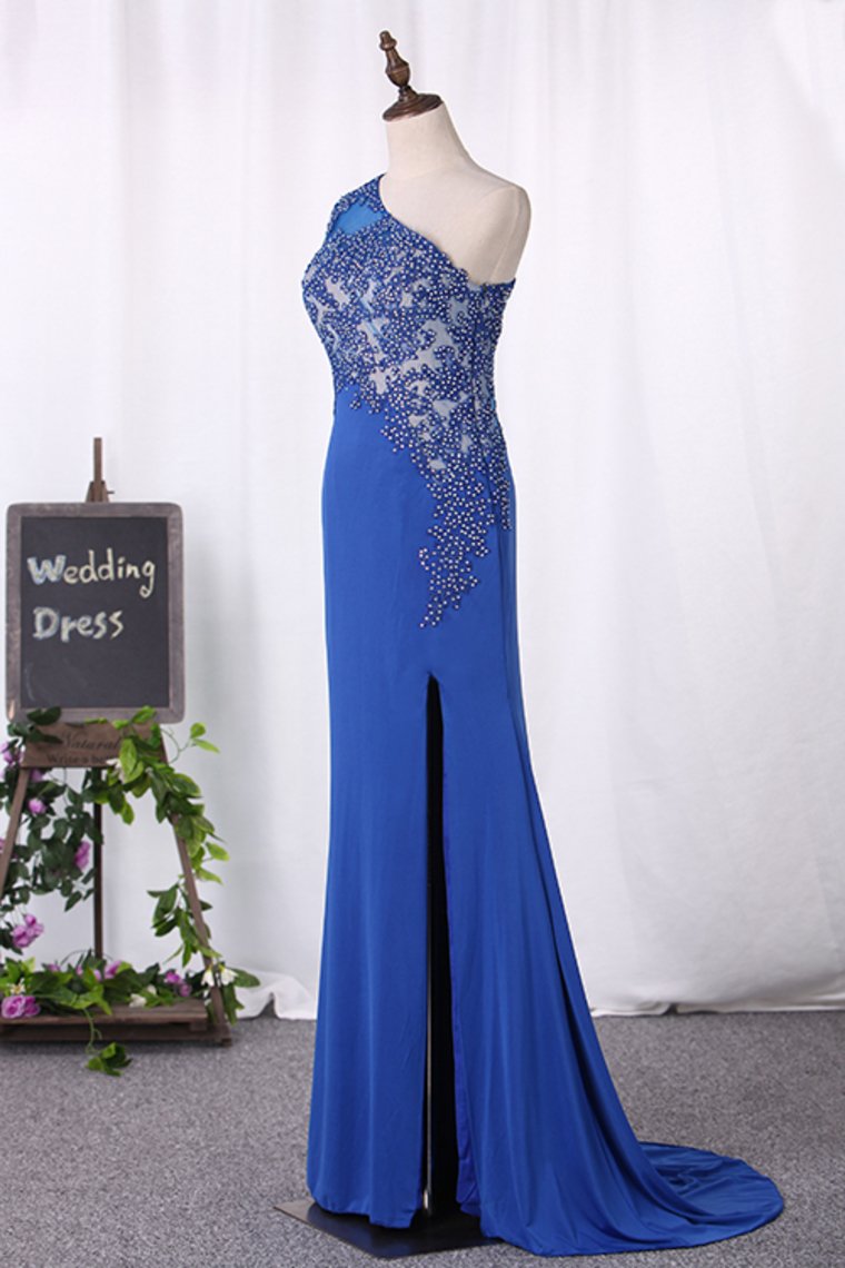 2024 Mermaid One Shoulder Spandex Prom Dresses With Applique And Slit