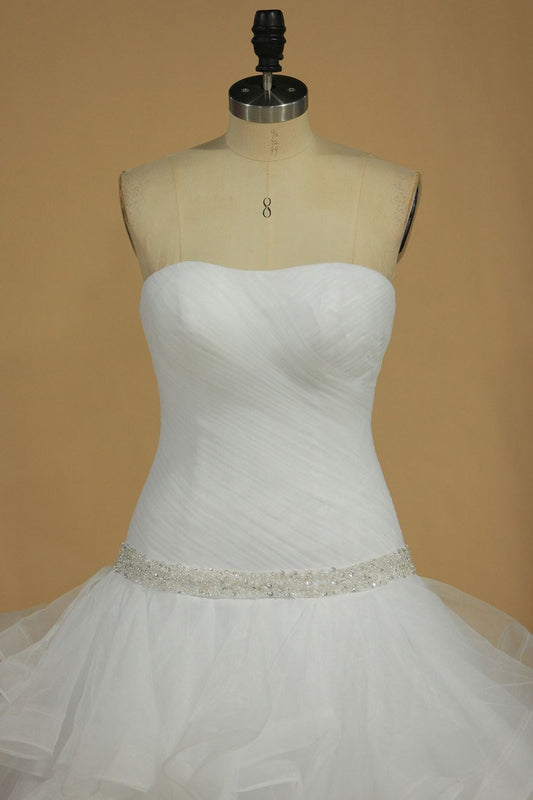 Wedding Dresses A Line Scalloped Neck Tulle With Ruffles And Beads