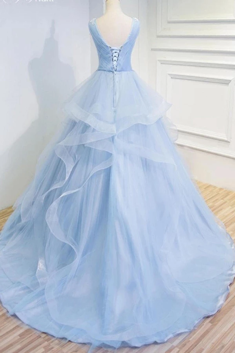 Puffy V Neck Sleeveless Tulle Prom Dress With Appliques Quinceanera SJSP4EM4EZY