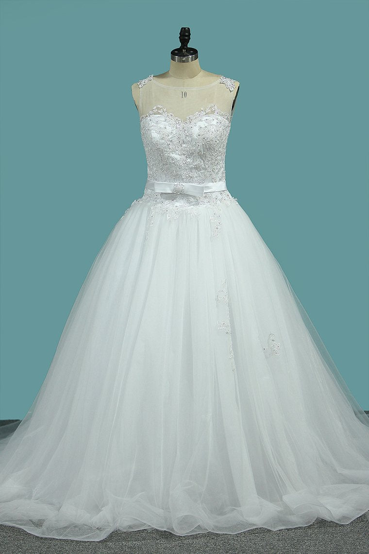 Wedding Dress A-Line Scoop Tulle With Applique And Sash Court Train