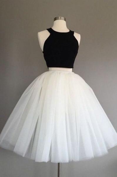 White and Black Two Pieces Tulle Cute Tutu Party Dresses Homecoming Dress JS91