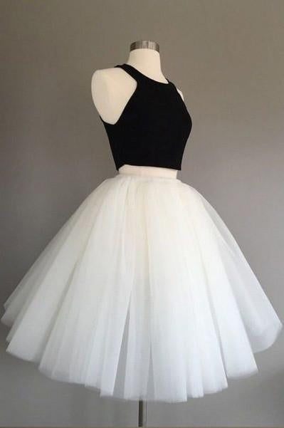 White and Black Two Pieces Tulle Cute Tutu Party Dresses Homecoming Dress JS91