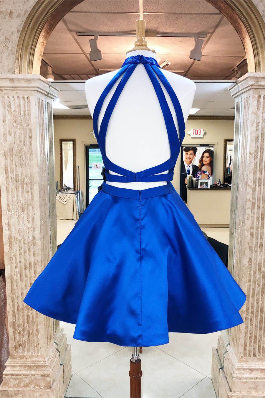 A Line Royal Blue Two Pieces Open Back Beaded Short Prom Dresses Homecoming Dresses JS993