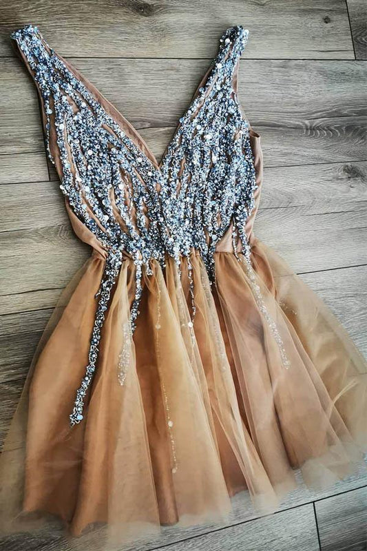 Gorgeous Gold V Neck A-line Short Party Dresses with Beading Homecoming Dresses