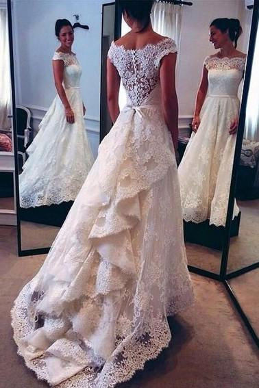 Vintage Lace Ivory Off the Shoulder Layers Skirt A-line Bridal Gowns Wedding Dresses JS152