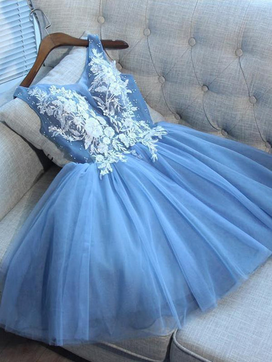 A Line V Neck Blue Tulle Cheap Beads Short Homecoming Dresses with Lace Appliques JS05