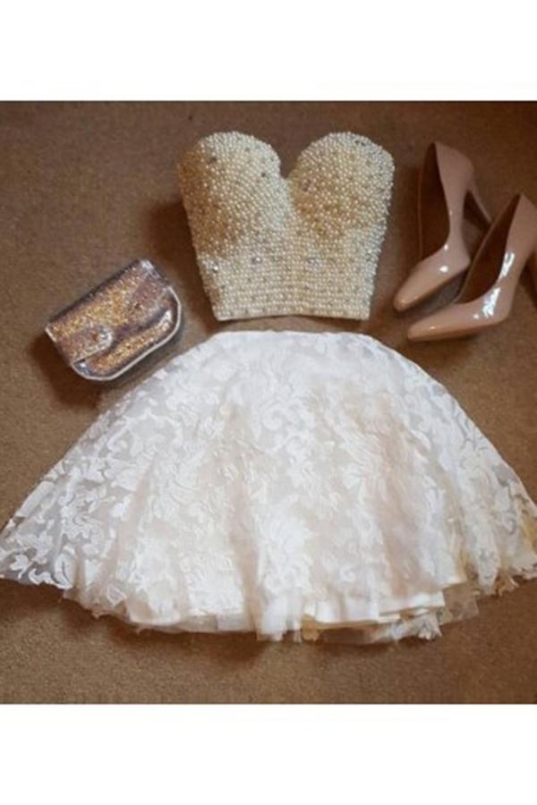 A-Line Two Pieces Sweetheart Short White Lace Knee Length Homecoming Dress with Pearls JS704
