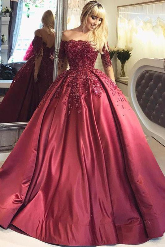2022 Dark Red Lace Long Sleeve Prom Dress Off-the-Shoulder Ball Gown Quinceanera Dress JS392