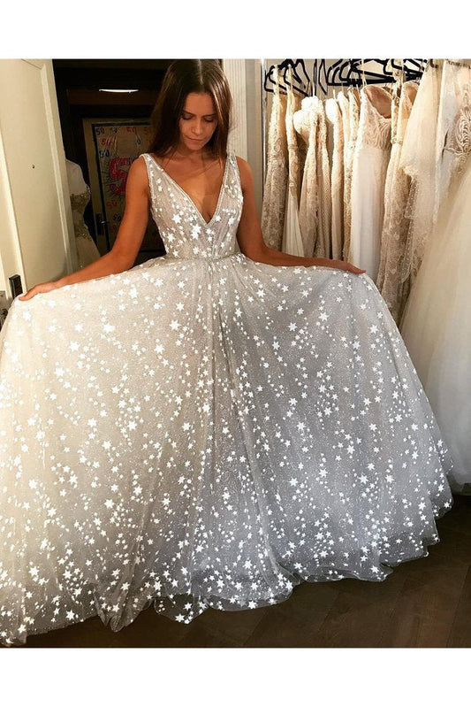 White V Neck Sleeveless Glitter Sparkly Long Wedding Dresses Floor Length Prom Dresses