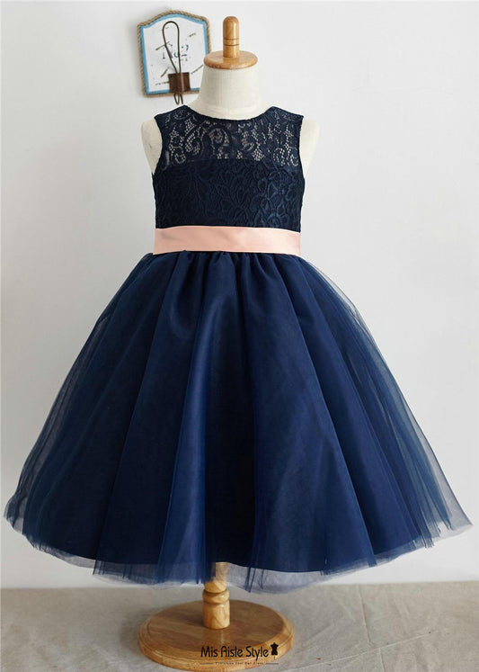Navy Blue Flower Girl Dress with Pink Bow