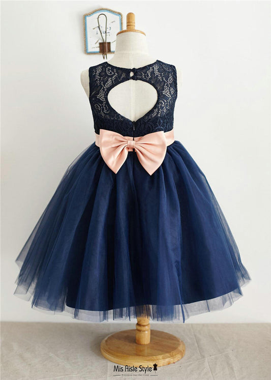 Navy Blue Flower Girl Dress with Pink Bow