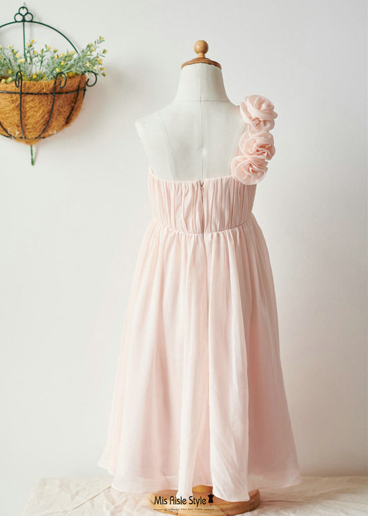 One Shoulder Blush Pink Flower Girl Dress