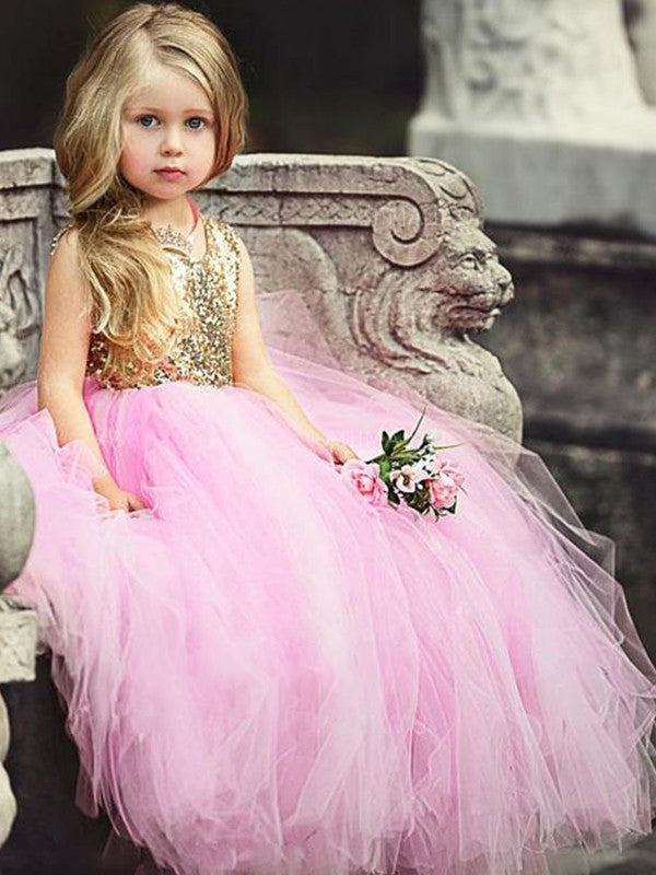 Ball Scoop Gown Sleeveless Sequin Floor-Length Tulle Flower Girl Dresses