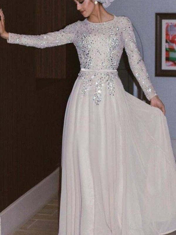 Scoop Floor-Length Long Sleeves Crystal A-Line/Princess Chiffon Muslim Dresses