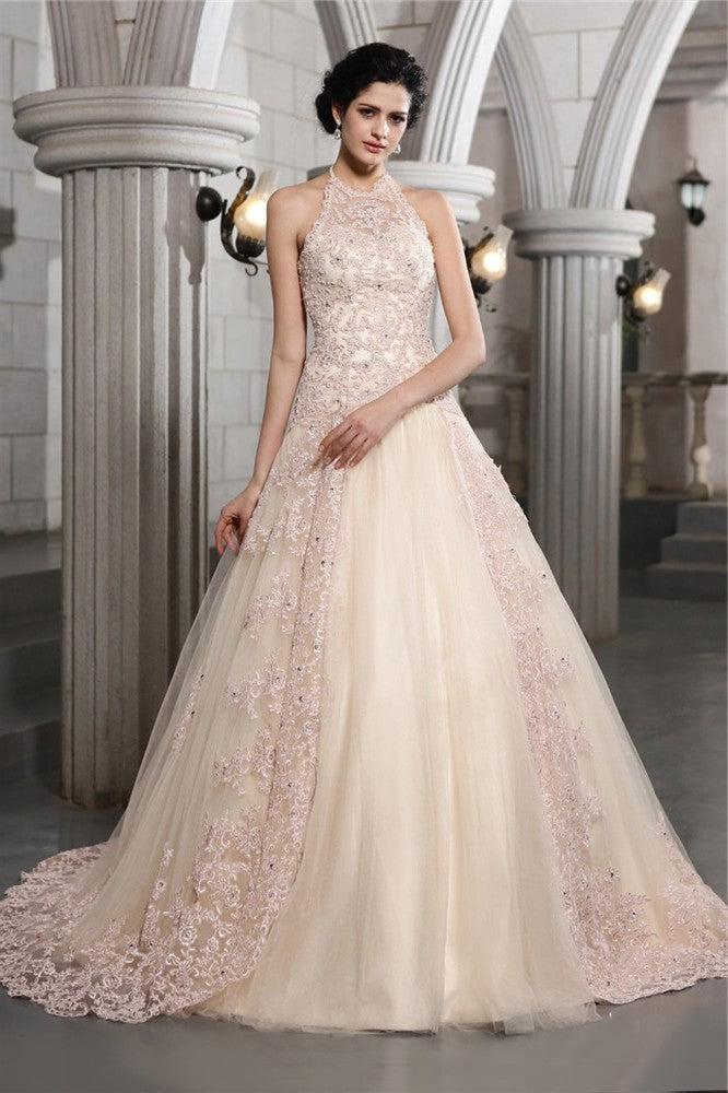 High A-Line/Princess Long Beading Neck Applique Sleeveless Net Wedding Dresses