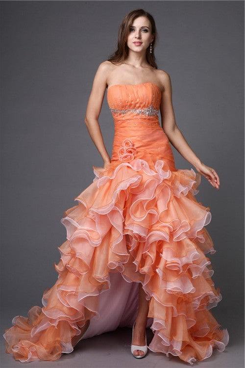 Beading High Low Ball Gown Strapless Sleeveless Organza Cocktail Dresses