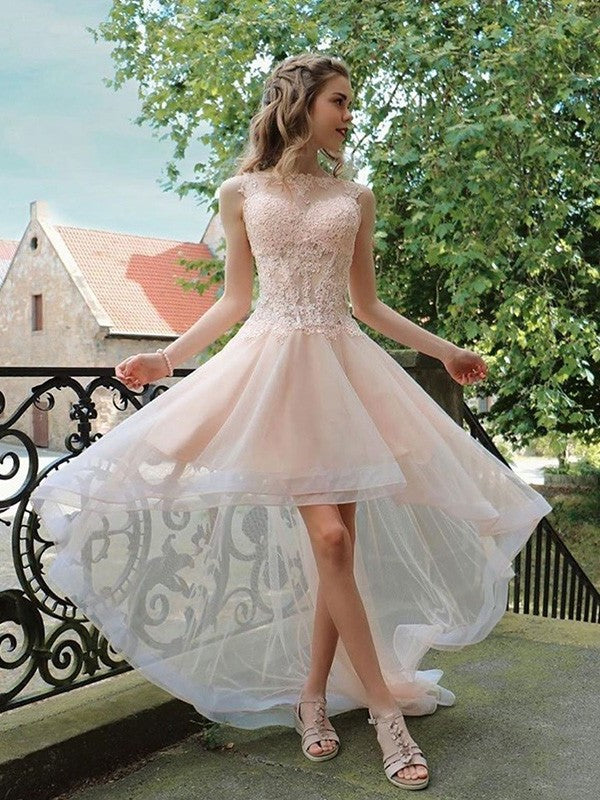 Sheer Sleeveless A-Line/Princess Tulle Applique Neck Asymmetrical Homecoming Dresses