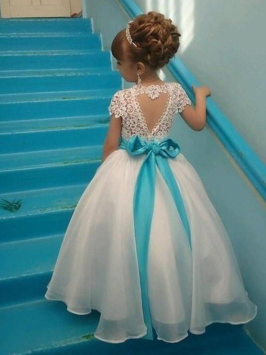 Floor-Length Scoop Short Organza Gown Ball Sleeves Beading Flower Girl Dresses