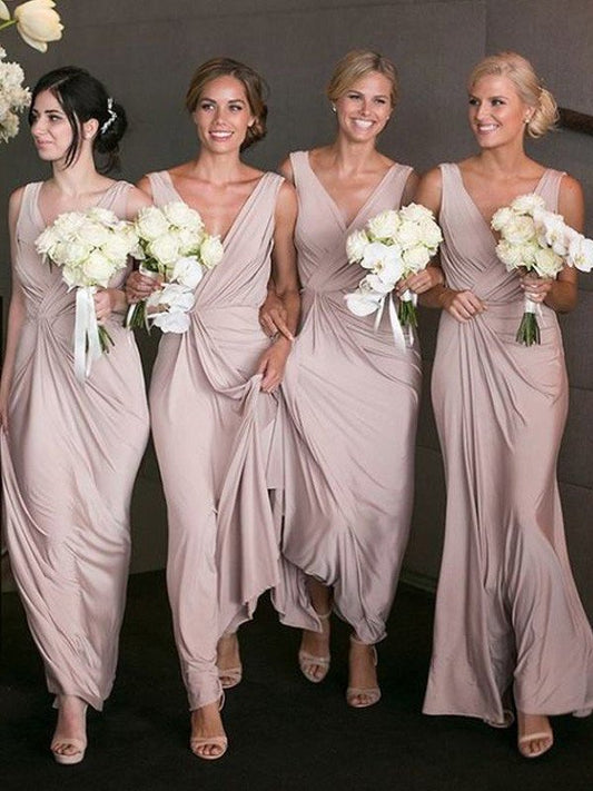 V-neck Floor-Length Sleeveless A-Line/Princess Spandex Bridesmaid Dresses