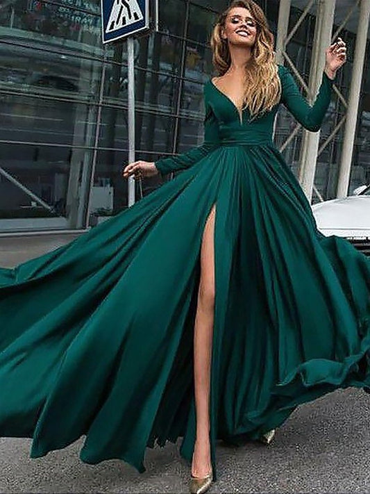 A-Line/Princess Long Ruffles V-Neck Sleeves Floor-Length Satin Chiffon Dresses