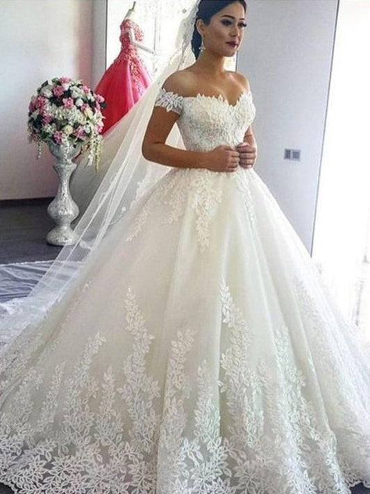Sweep/Brush Sleeveless Train Ball Off-the-Shoulder Gown Lace Tulle Wedding Dresses