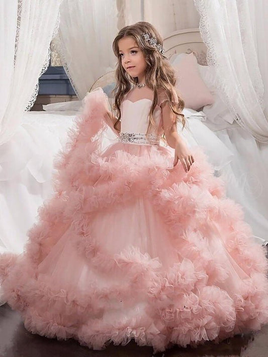 Gown Jewel Short Crystal Tulle Ball Floor-Length Sleeves Flower Girl Dresses