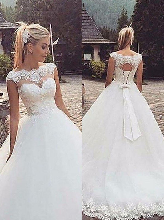 Bateau Sleeveless Ball Court Gown Lace Tulle Train Wedding Dresses