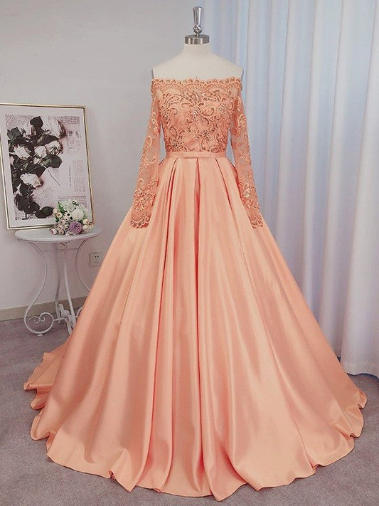Gown Satin Sleeves Beading Off-the-Shoulder Ball Long Court Train Dresses