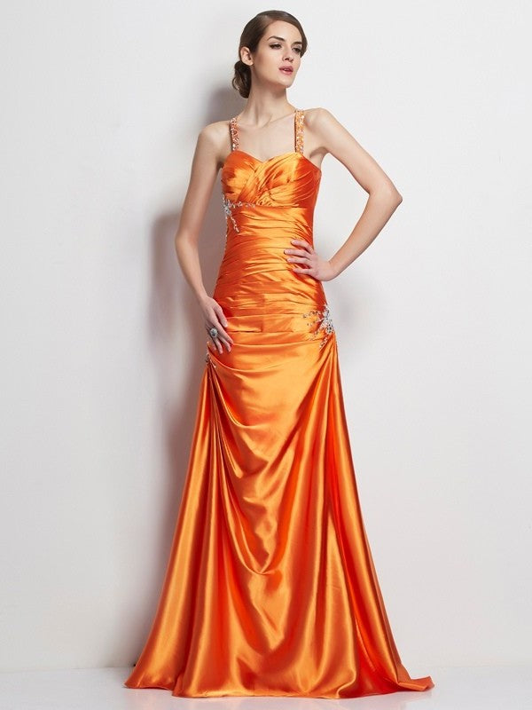 Straps Long Spaghetti Elastic Beading A-Line/Princess Sleeveless Woven Satin Dresses