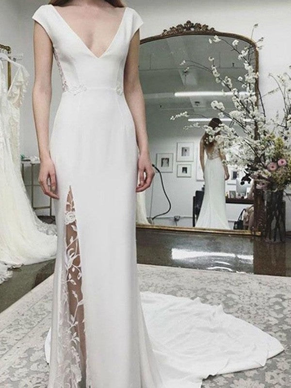 Sheath/Column Court Crepe Sleeveless V-neck Stretch Lace Train Wedding Dresses