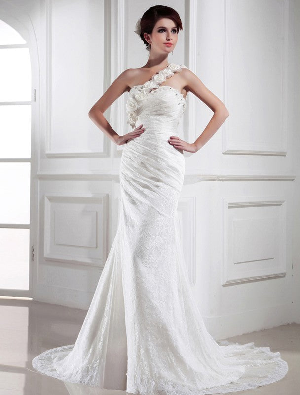 Lace Satin One-shoulder Sleeveless Trumpet/Mermaid Beading Long Wedding Dresses